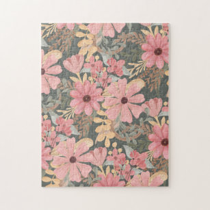 Pink Sage Green Flowers Leave Watercolor Pattern Jigsaw Puzzle