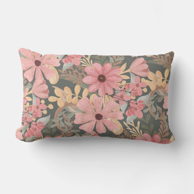 Pink Sage Green Flowers Leave Watercolor Pattern Lumbar Cushion (Front)