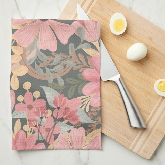 Pink Sage Green Flowers Leave Watercolor Pattern Tea Towel (Quarter Fold)