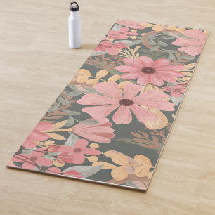 Pink Sage Green Flowers Leave Watercolor Pattern Yoga Mat