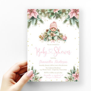 Pink Sage Green Gold Poinsettia Girl Christmas Invitation