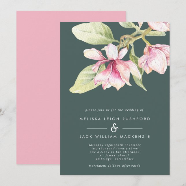 Pink & Sage Green Magnolia Wedding Invitation (Front/Back)