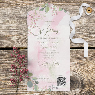 Pink & Sage Green Watercolor Boho Floral QR Code All In One Invitation