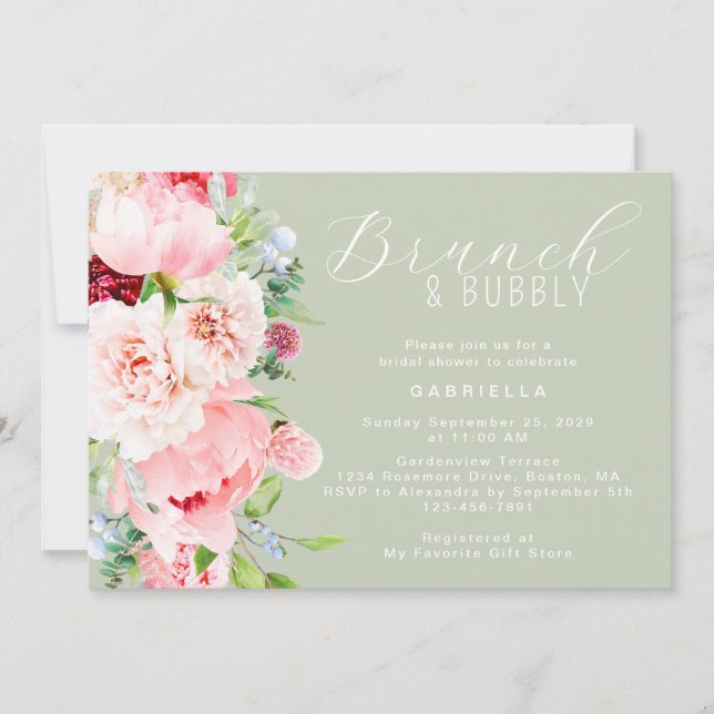 Pink Sage Green Watercolor Floral Bridal Brunch Invitation (Front)