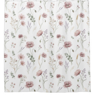 Pink Sage Green Watercolor Wildflower Shower Curtain