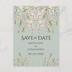 Pink Sage Green Wildflowers Elegant Floral Wedding Announcement Postcard