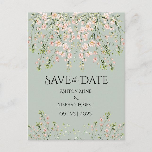 Pink Sage Green Wildflowers Elegant Floral Wedding Announcement Postcard (Front)