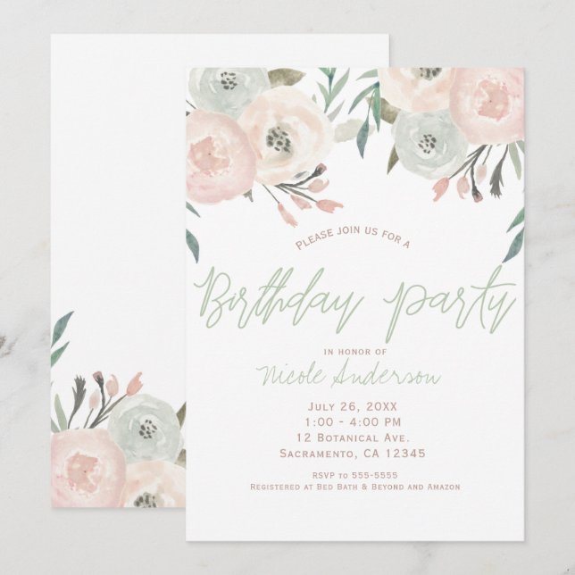 Pink Sage Mint Green Modern Floral Birthday Party Invitation (Front/Back)