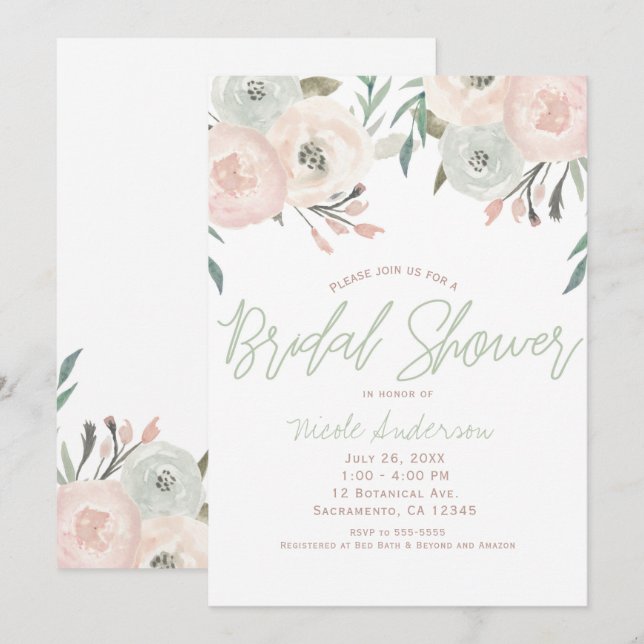 Pink & Sage Mint Green Modern Floral Bridal Shower Invitation (Front/Back)