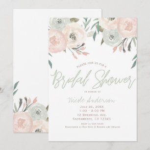 Pink & Sage Mint Green Modern Floral Bridal Shower Invitation