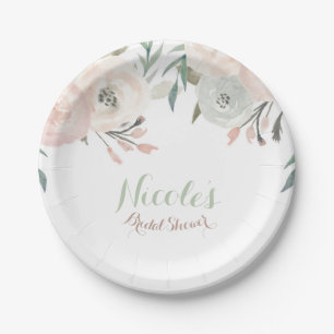 Pink & Sage Mint Green Modern Floral Elegant Party Paper Plate