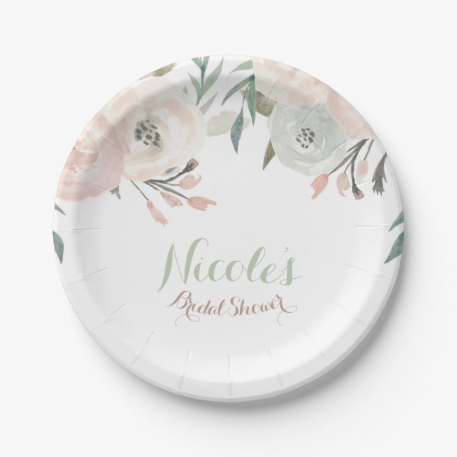 Pink & Sage Mint Green Modern Floral Elegant Party Paper Plate (Front)