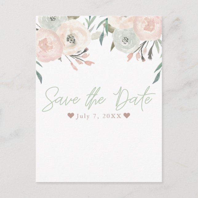 Pink & Sage Mint Green Modern Floral Save the Date Announcement Postcard (Front)