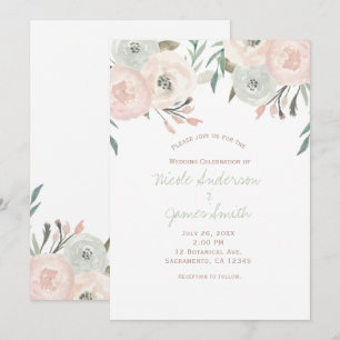 Pink Sage Mint Green Modern Floral Wedding Invitation