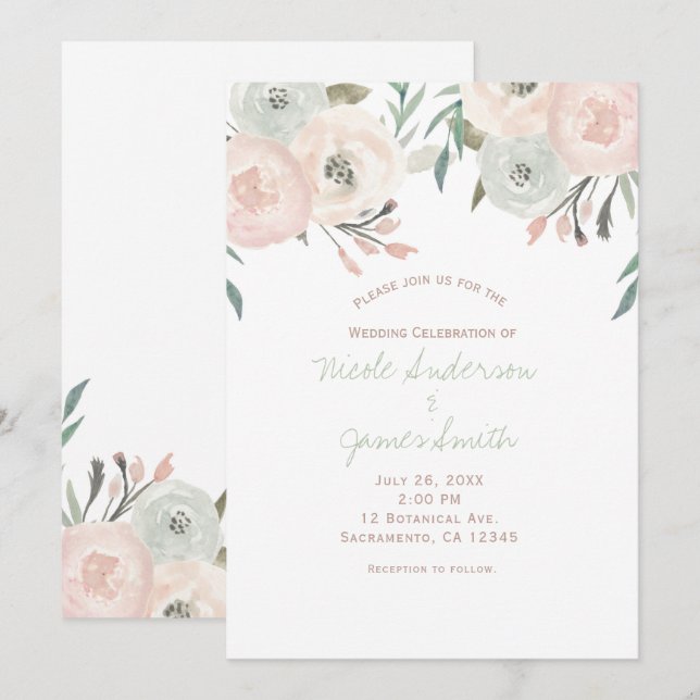 Pink Sage Mint Green Modern Floral Wedding Invitation (Front/Back)