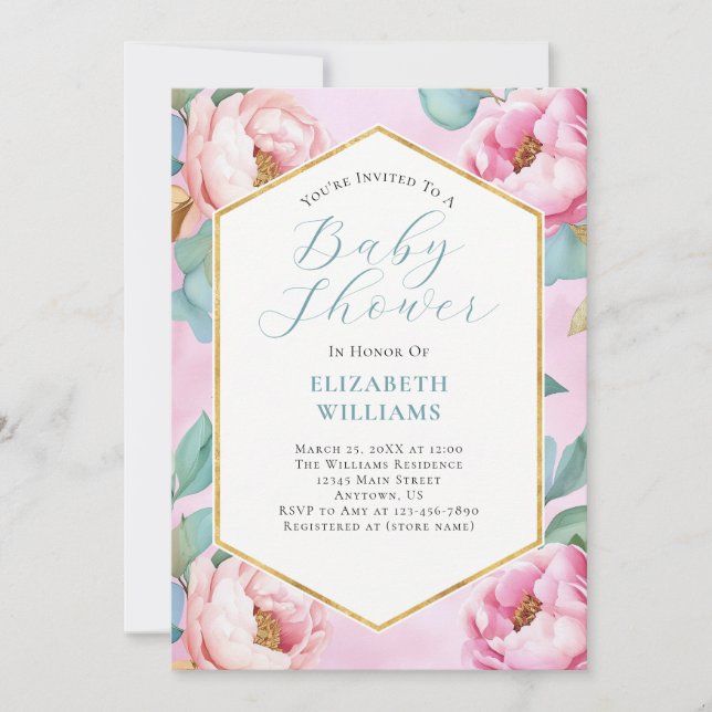 Pink Sage Mint Green Peonies Baby Shower Invitation (Front)