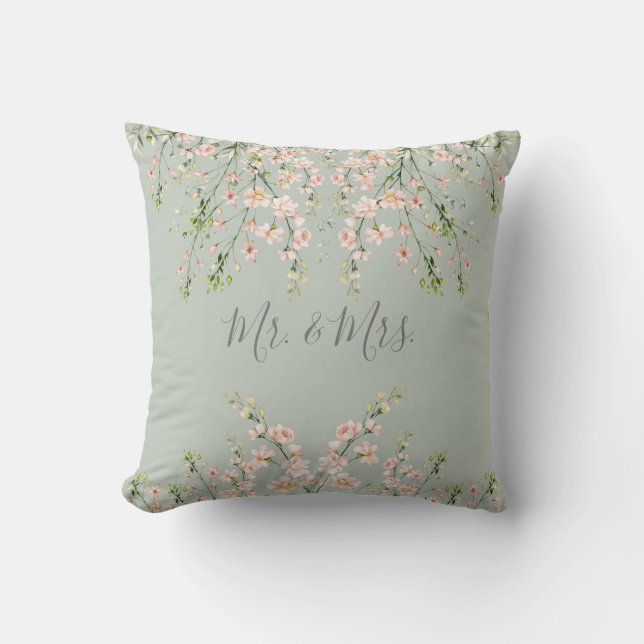 Pink Sage Mr and Mrs Floral Name Wildflowers Cushion (Front)