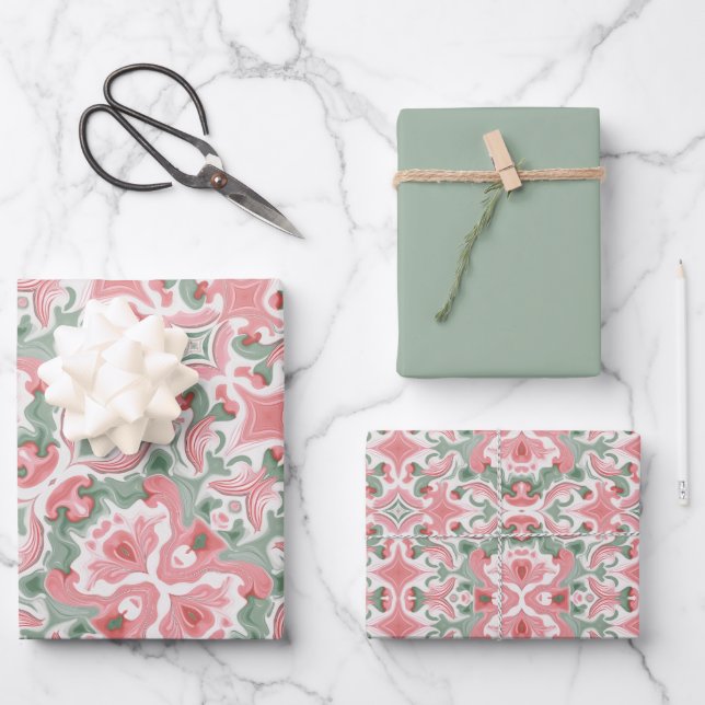 Pink & Sage Pattern Wrapping Paper Sheet (Front)
