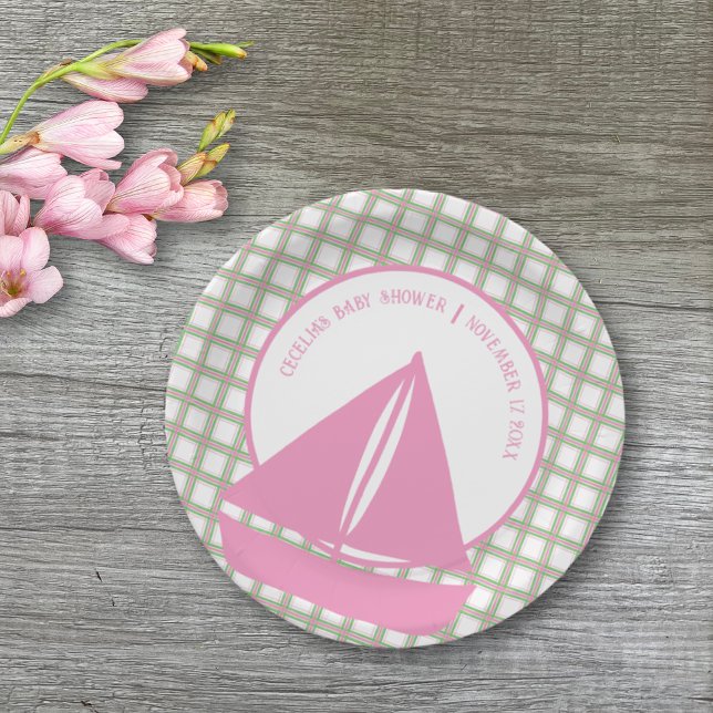 Pink Sailboat Girl Nautical Baby Shower Paper Plate (Creator Uploaded)