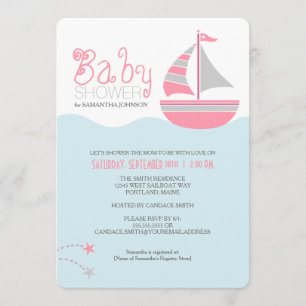 Pink Sailboat Nautical Girl Baby Shower Invitation