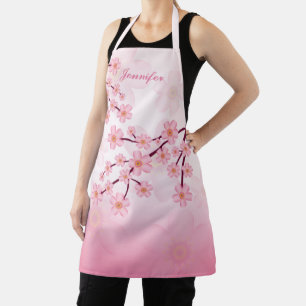 Pink Sakura Bloom Floral Branches & Custom Name Apron