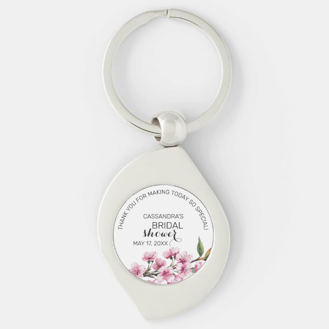 Pink Sakura Blossom Floral Bridal Shower Thank You Key Ring (Front)