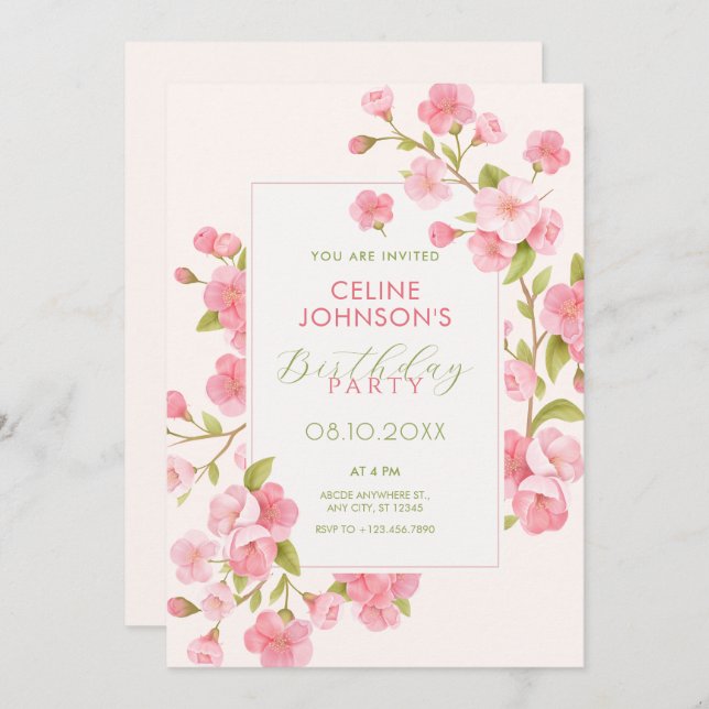 Pink sakura blossom flower bloom  invitation (Front/Back)