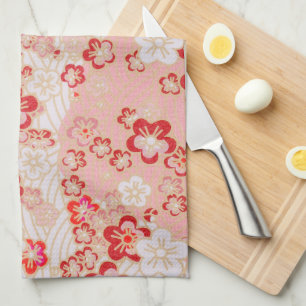 Pink Sakura Blossom Japanese Pattern    Tea Towel