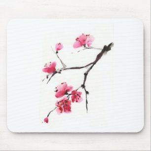 Pink Sakura Blossom – Minimalist Ink Brush Art Mouse Mat