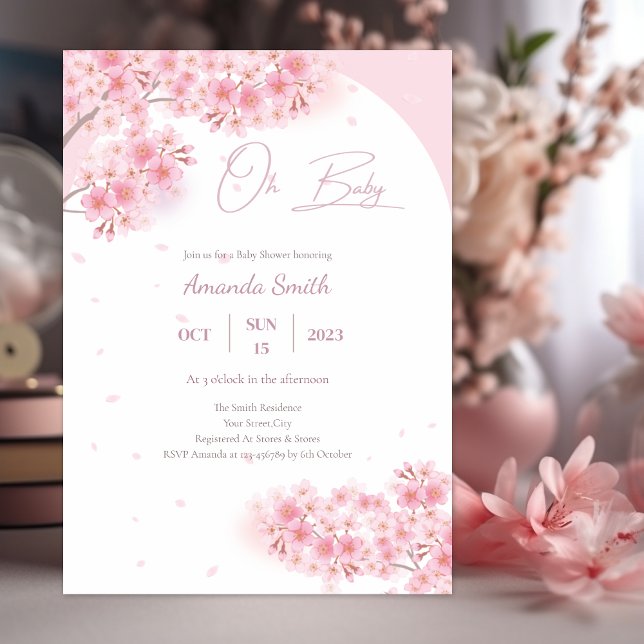 Pink Sakura Cherry Blossom Girl Baby Shower Invitation (Creator Uploaded)