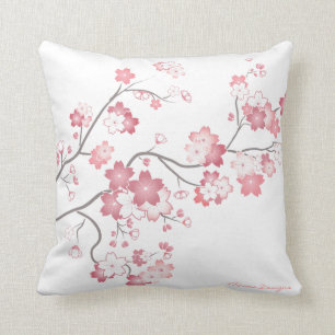 Pink Sakura Cherry Blossom Pillow -White