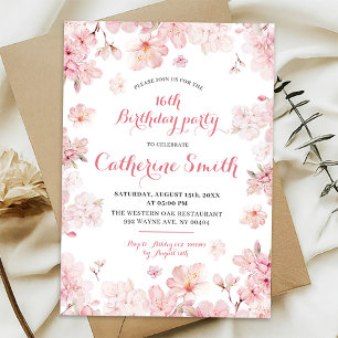 Pink Sakura Cherry Blossom Sweet 16th Birthday Invitation