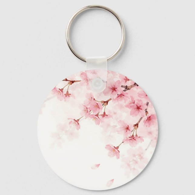 Pink Sakura Cherry Blossom Watercolor Pattern Key Ring (Front)