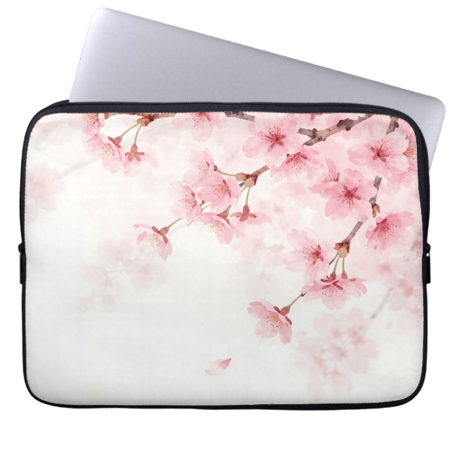 Pink Sakura Cherry Blossom Watercolor Pattern Laptop Sleeve (Front)