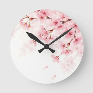 Pink Sakura Cherry Blossom Watercolor Pattern Round Clock