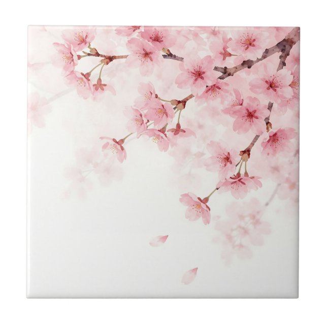 Pink Sakura Cherry Blossom Watercolor Pattern Tile (Front)