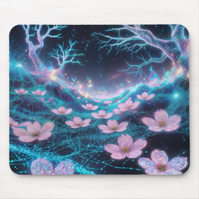 Pink Sakura Cosmic Neon Vibes Mouse Mat (Front)