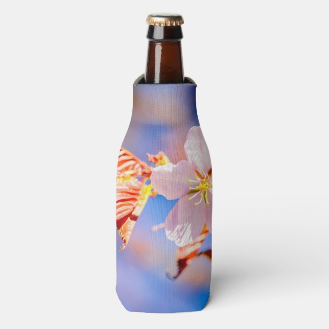 Pink Sakura Flower Blue Sky Bottle Cooler (Bottle Front)