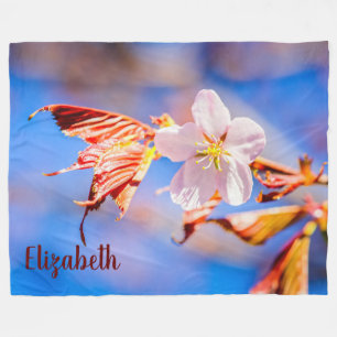 Pink Sakura Flower Blue Sky Fleece Blanket