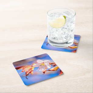 Pink Sakura Flower Blue Sky Square Paper Coaster