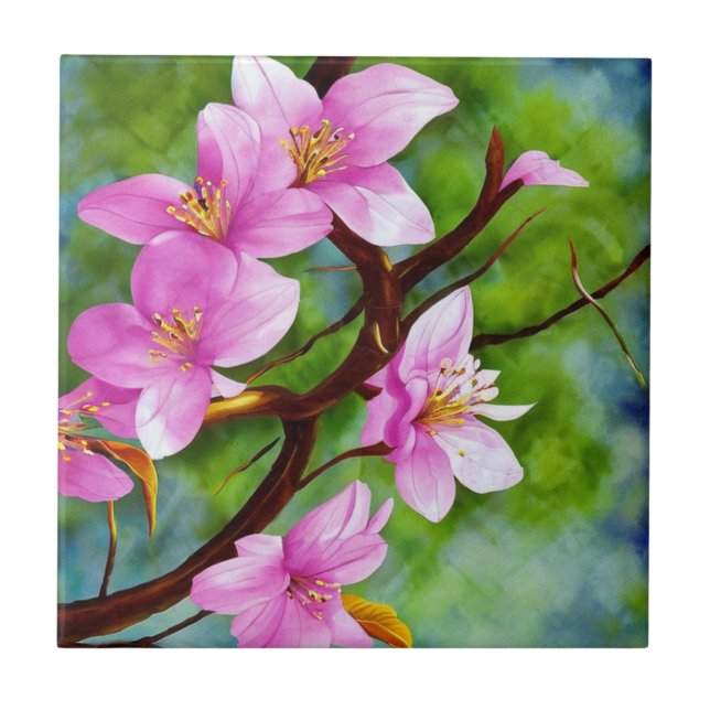 Pink Sakura Flower Decorative Floral Ceramic Tiles (Front)