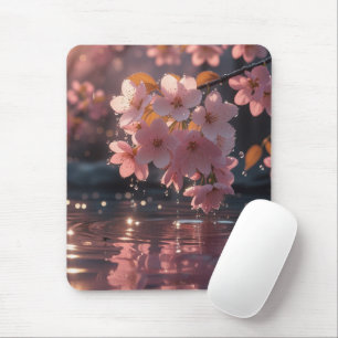 Pink Sakura Flowers Over Water   Serene Spring Nat Mouse Mat