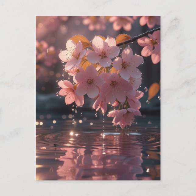 Pink Sakura Flowers Over Water | Serene Spring Nat Postcard (Front)
