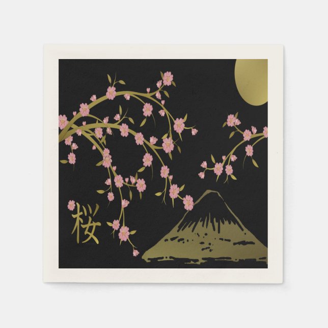 Pink Sakura Gold Black Japanese Motif Paper Napkin (Front)