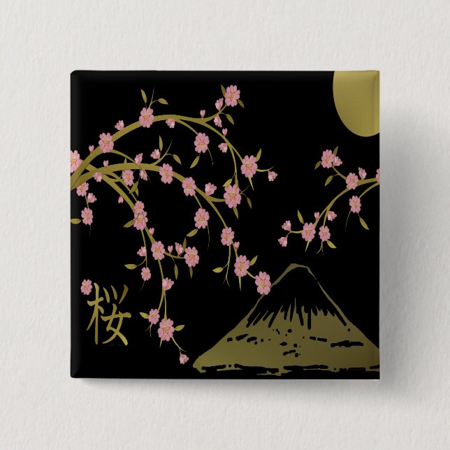 Pink Sakura Gold Black Japanese Screen 15 Cm Square Badge (Front)