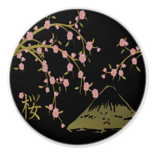 Pink Sakura Gold Black Japanese Screen Ceramic Knob