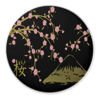 Pink Sakura Gold Black Japanese Screen Ceramic Knob