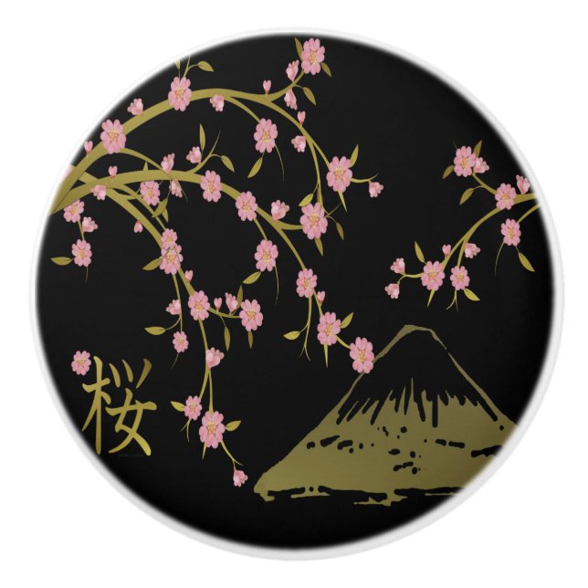 Pink Sakura Gold Black Japanese Screen Ceramic Knob (Front)