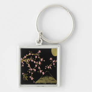 Pink Sakura Gold Black Japanese Screen Key Ring