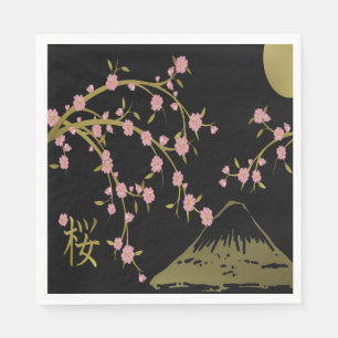 Pink Sakura Gold Black Japanese Screen Napkin